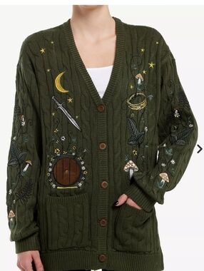 Lord Of The Rings Icons Knit Cardigan Sweater Lotr Sword Leaf Hobbit Green Elf